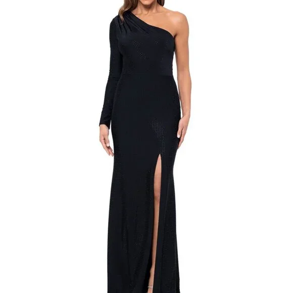 Xscape Black Rhinestone Embellished One-Shoulder Jersey Dress 12 NWT Formal Gown - Picture 2 of 7